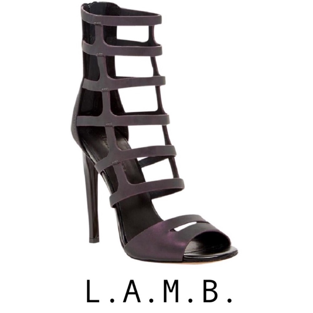 L.A.M.B Oakley cage gladiator sandals pewt brush